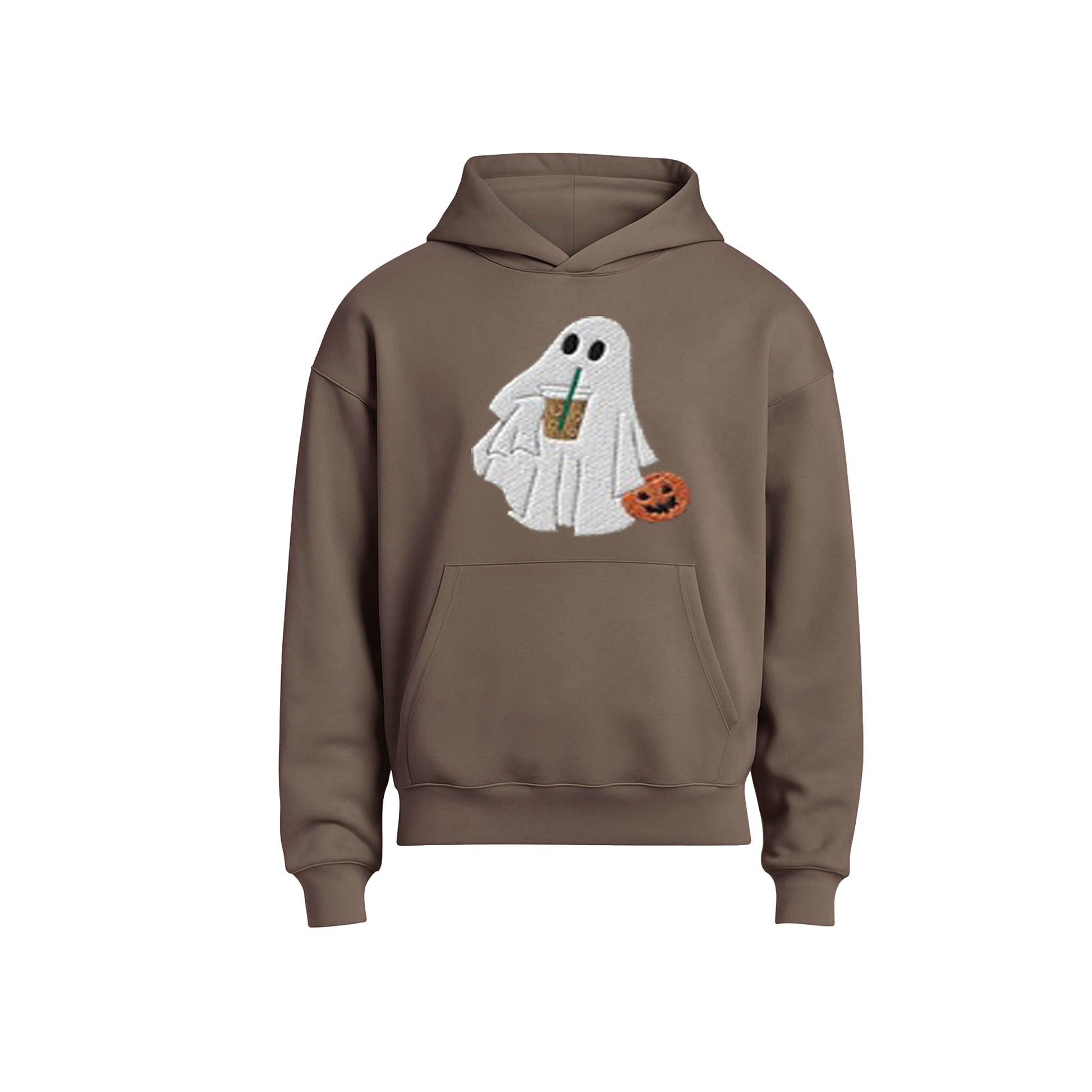 Brown hoodie with a ghost design holding a drink and a pumpkin on a white background