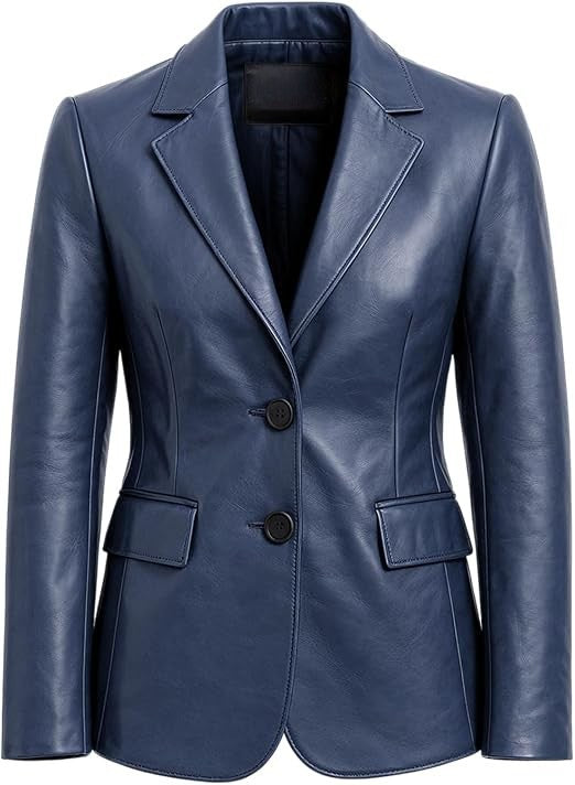 Women’s Navy Blue Leather Blazer – Classic Two-Button Tailored Jacket