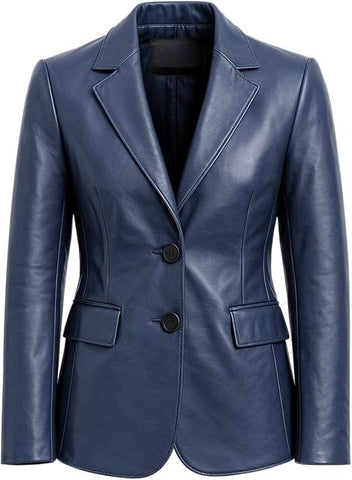 Women’s Navy Blue Leather Blazer – Classic Two-Button Tailored Jacket