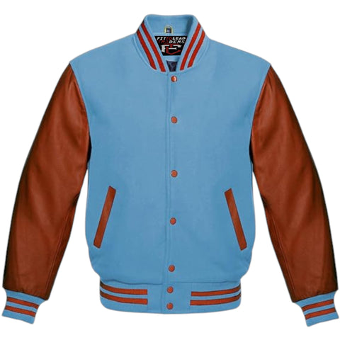 Custom Color Varsity Jacket Unisex – Brown Leather Sleeve Wool