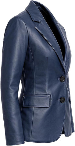Women’s Navy Blue Leather Blazer – Classic Two-Button Tailored Jacket