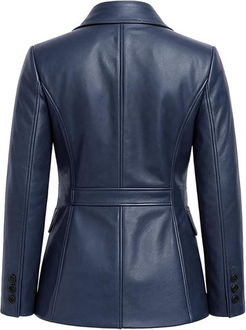 Women’s Navy Blue Leather Blazer – Classic Two-Button Tailored Jacket