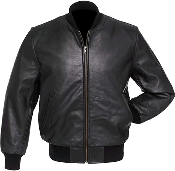 A black unisex varsity jacket made from genuine cowhide leather, featuring a full snap button closure, ribbing details on cuffs, collar, and hem, and multiple pockets.