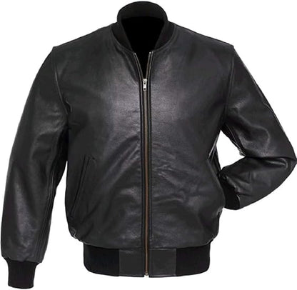 A black unisex varsity jacket made from genuine cowhide leather, featuring a full snap button closure, ribbing details on cuffs, collar, and hem, and multiple pockets.