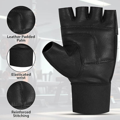 Premium gym gloves with leather palm, elastic wrist, and reinforced stitching for weightlifting and fitness.
