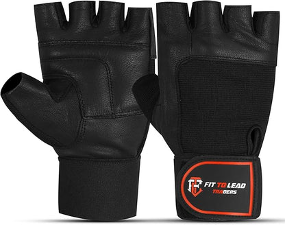 Premium gym gloves with leather palm and wrist wraps, perfect for weightlifting and fitness training.