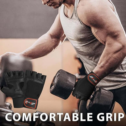 Man using weightlifting gloves for a comfortable grip while lifting dumbbells in the gym.