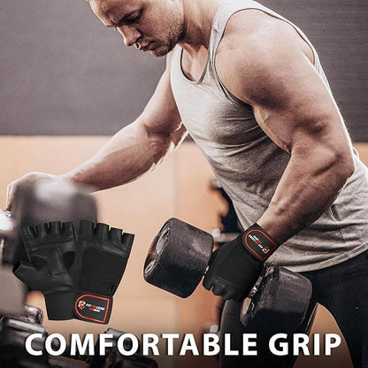 Man lifting weights wearing premium gym gloves with leather palm for a comfortable grip and enhanced support.