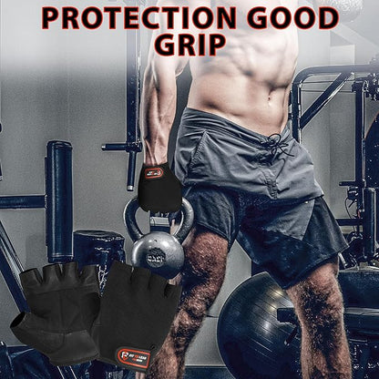 Man lifting kettlebell wearing premium gym gloves with leather palms for grip and protection during workouts.