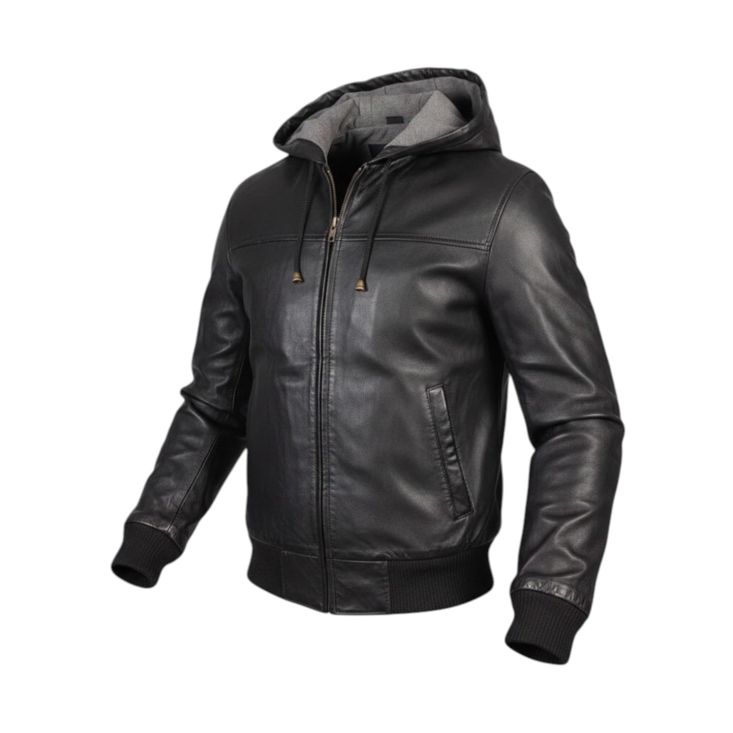 Men’s Black Genuine Leather Hooded Bomber Jacket Coat