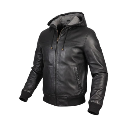 Men’s Black Genuine Leather Hooded Bomber Jacket Coat