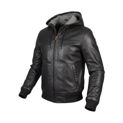 Men’s Black Genuine Leather Hooded Bomber Jacket Coat