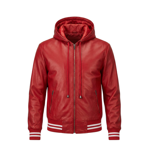 Men's Baseball Hooded Genuine Leather Bomber Hip Hop Jacket
