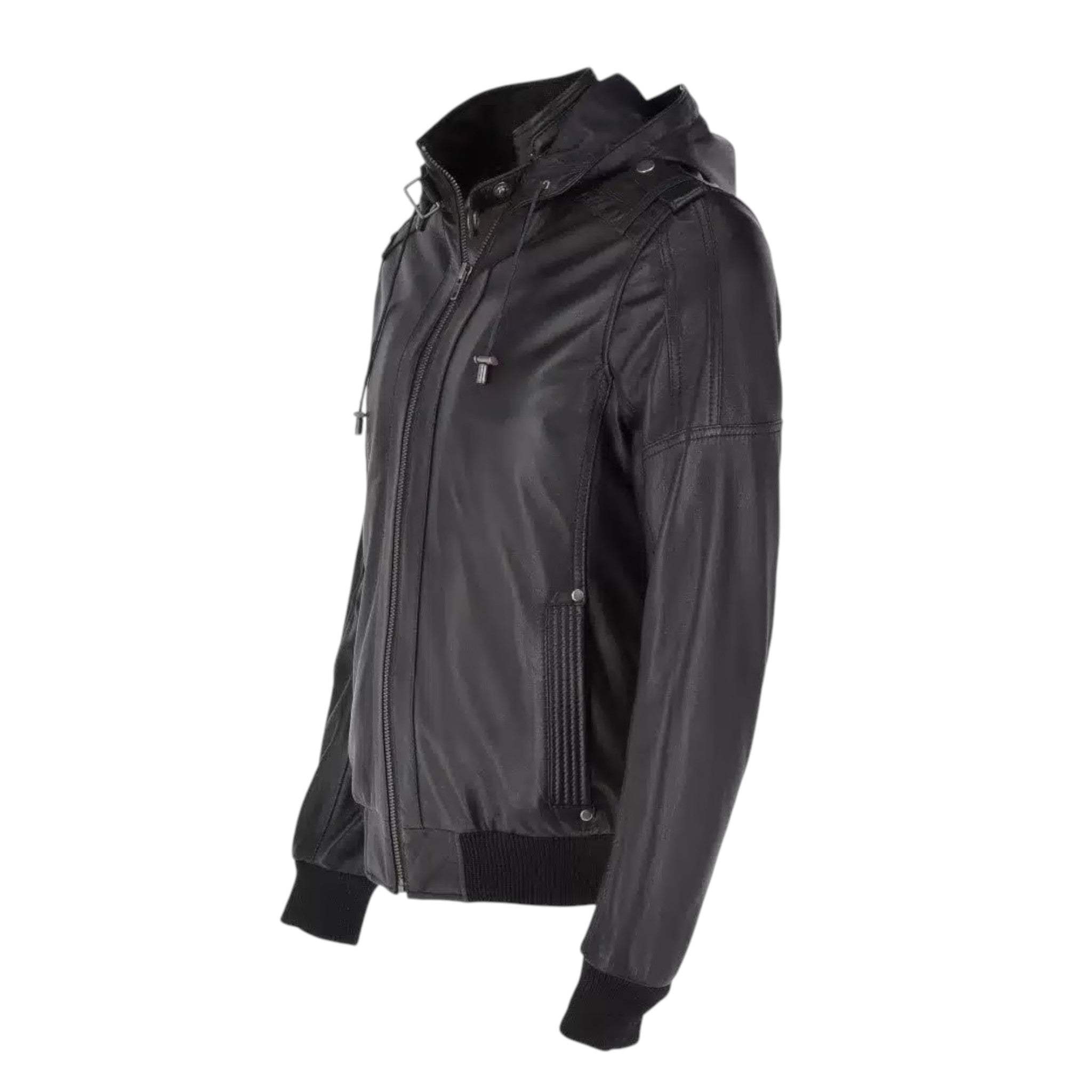 Black leather jacket with a hood on a white background