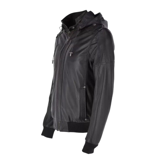Black leather jacket with a hood on a white background