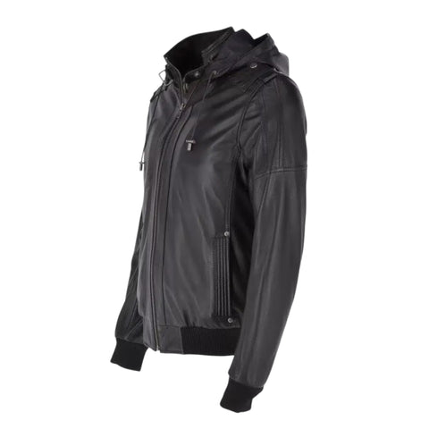 Black leather jacket with a hood on a white background