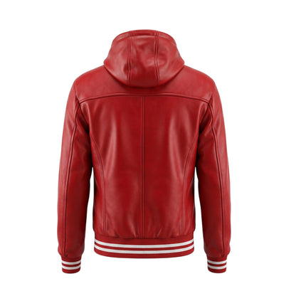 Red leather jacket with a hood on a white background