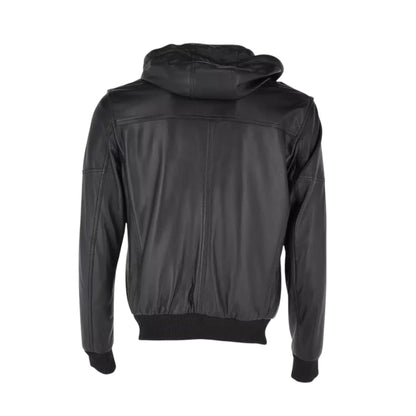 Black jacket with a hood on a white background