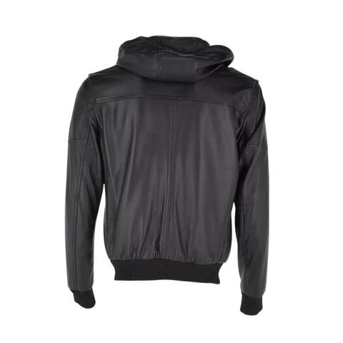 Black jacket with a hood on a white background