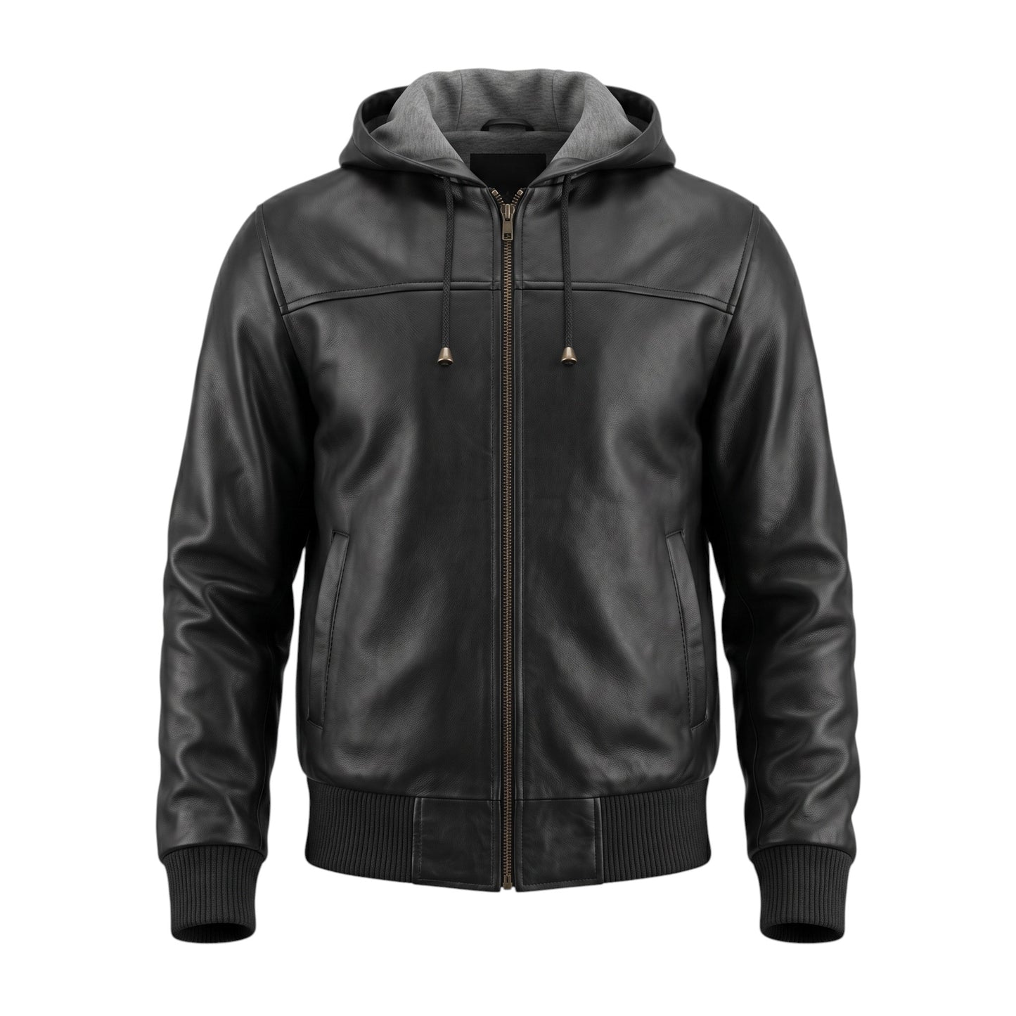 Black leather jacket with a hood on a white background