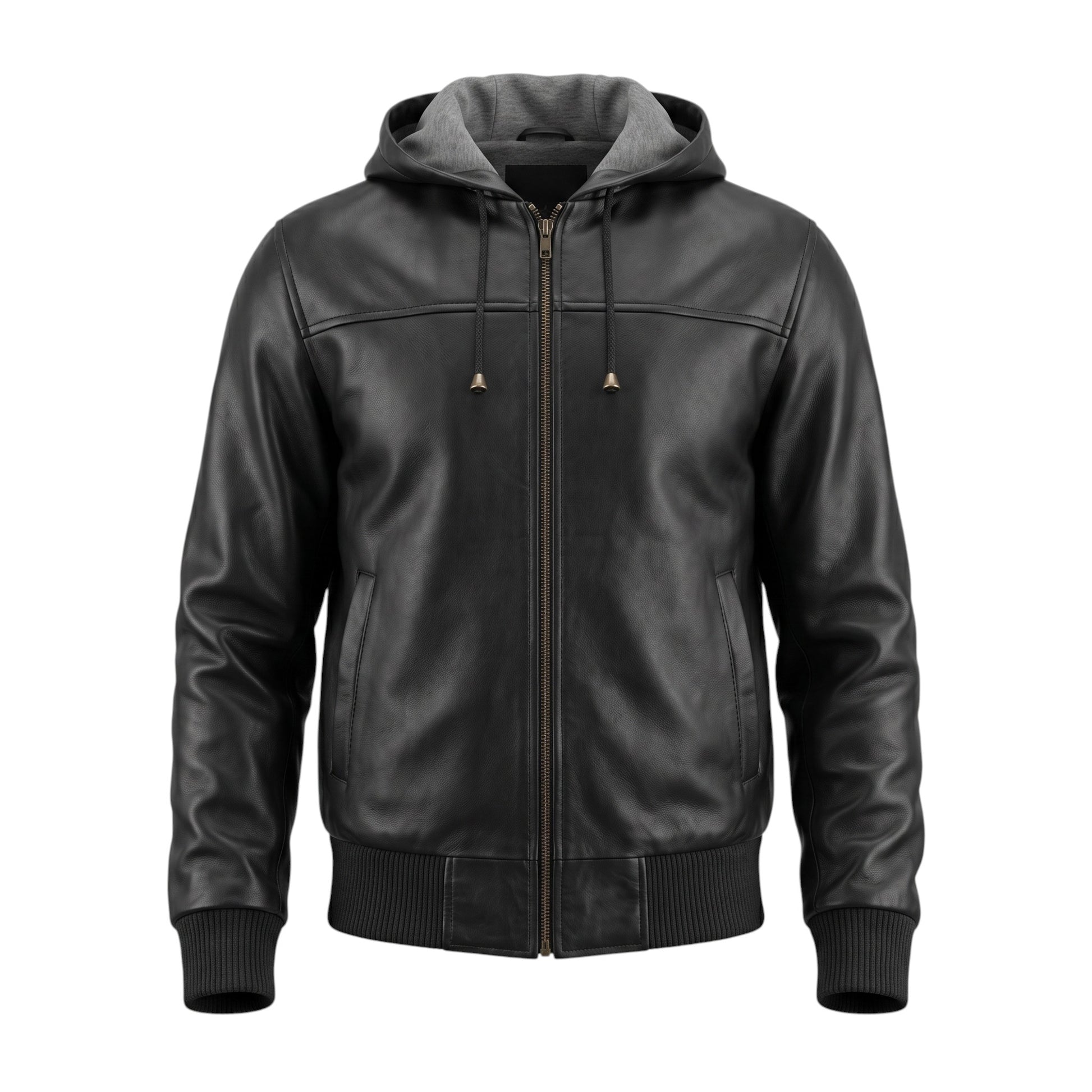 Black leather jacket with a hood on a white background