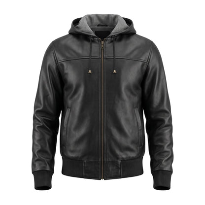 Black leather jacket with a hood on a white background
