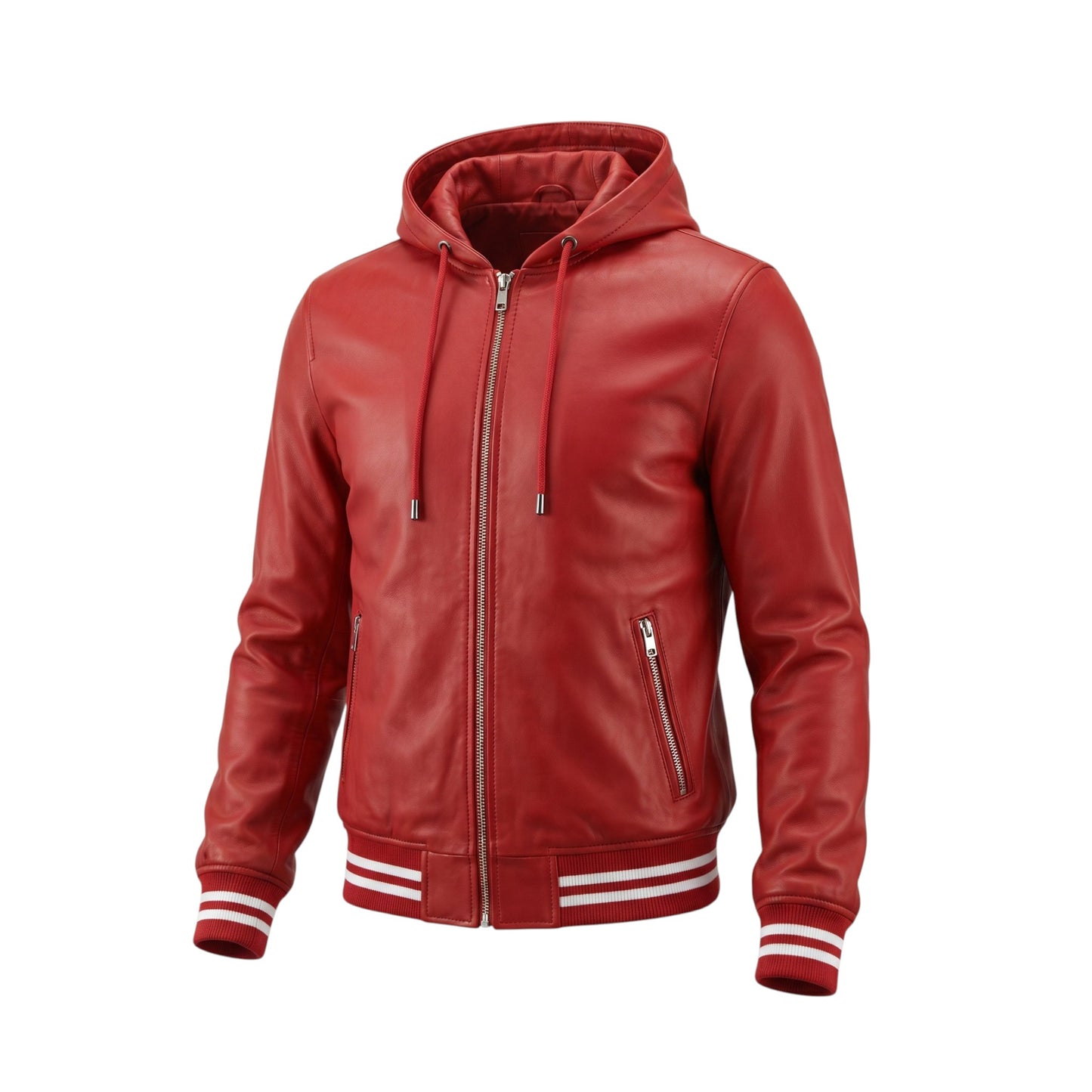 Men's Baseball Hooded Genuine Leather Bomber Hip Hop Jacket