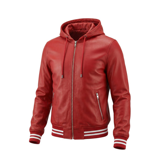 Men's Baseball Hooded Genuine Leather Bomber Hip Hop Jacket