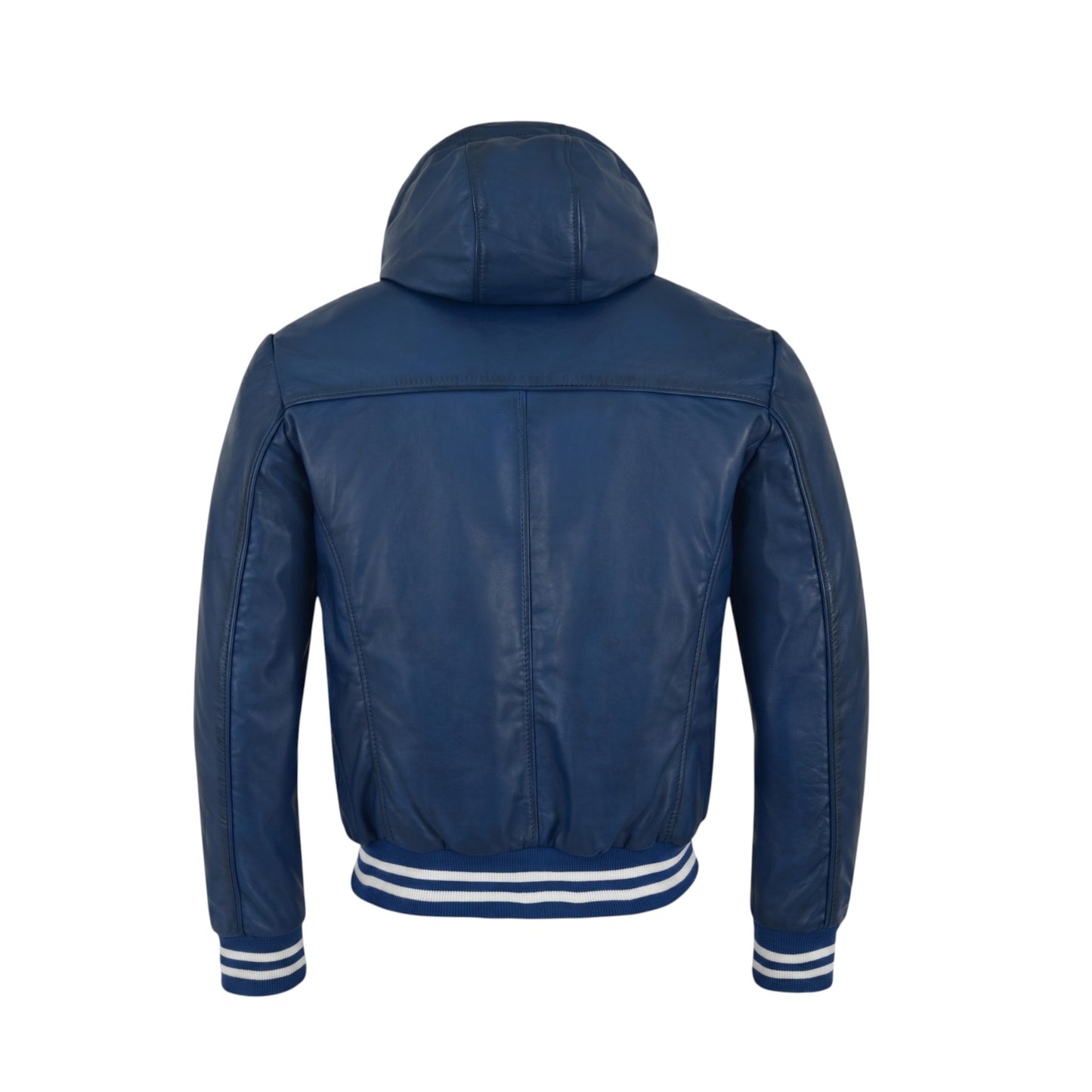 Blue hooded jacket with white trim on a white background