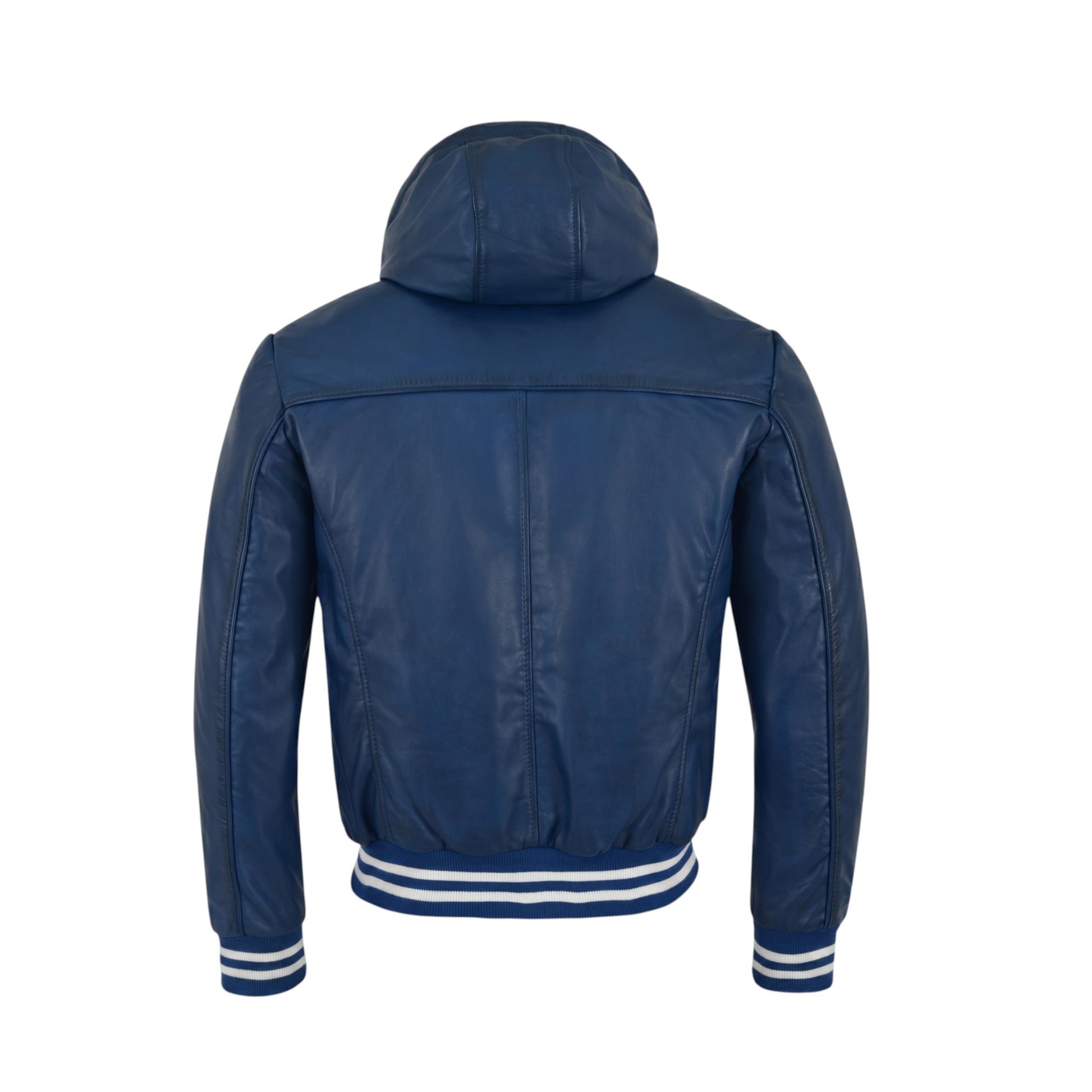 Blue hooded jacket with white trim on a white background