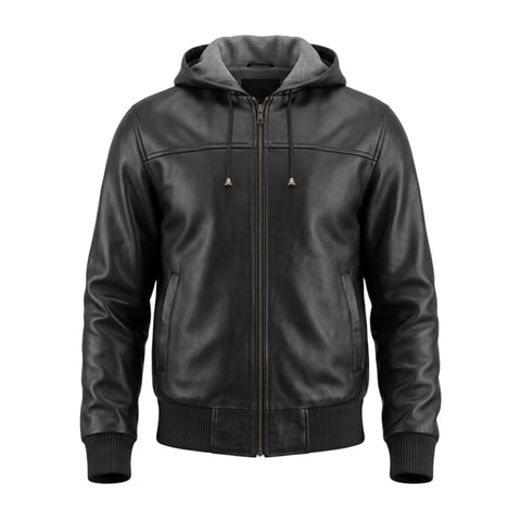 Black leather jacket with a hood on a white background