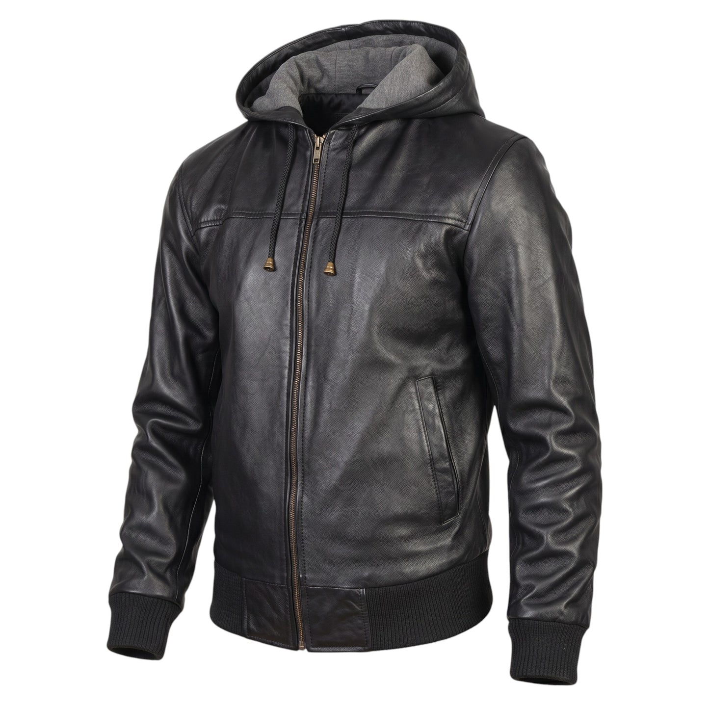 Men’s Black Genuine Leather Hooded Bomber Jacket Coat