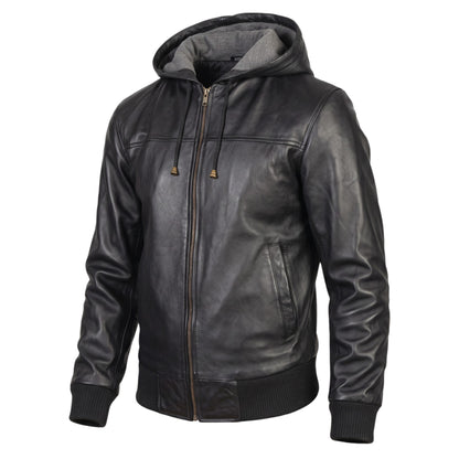 Men’s Black Genuine Leather Hooded Bomber Jacket Coat