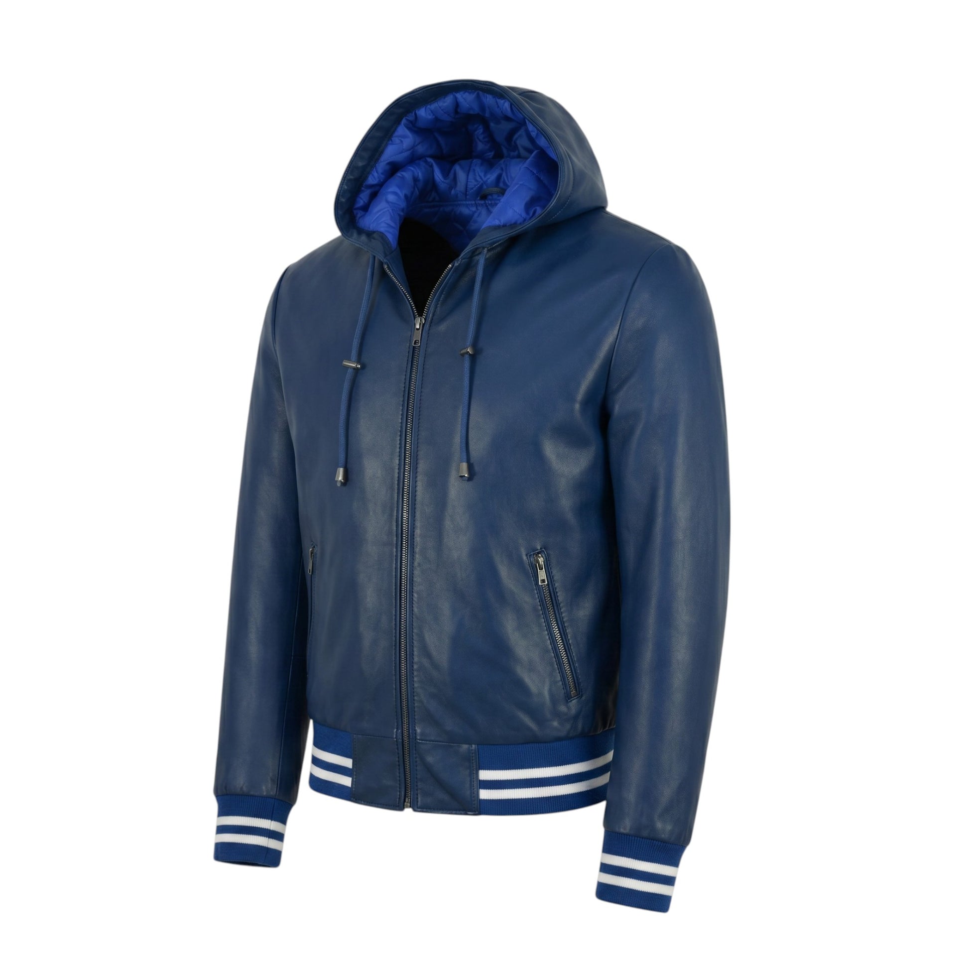 Blue leather jacket with a hood on a white background