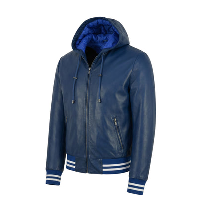 Blue leather jacket with a hood on a white background