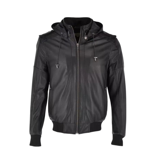 Men’s Black Hooded Genuine Leather Bomber Jacket for Winter