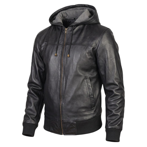 Men’s Black Genuine Leather Hooded Bomber Jacket Coat