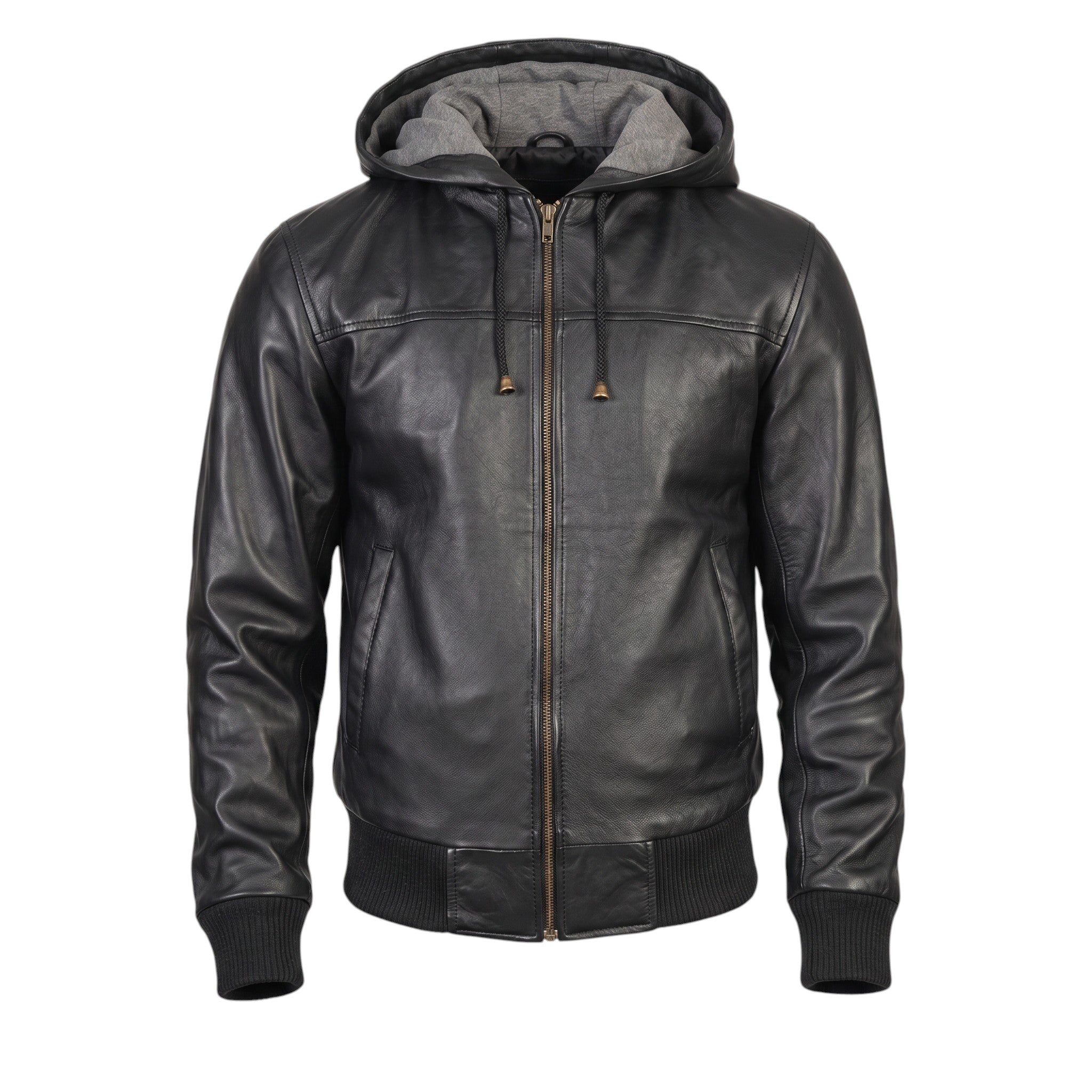 Black leather hoodie with a zipper on a white background