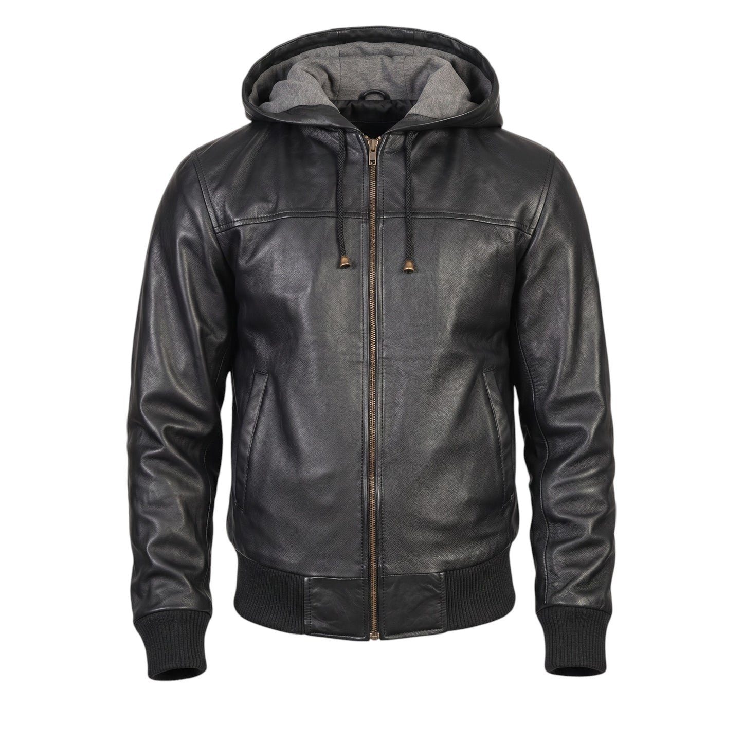 Black leather hoodie with a zipper on a white background
