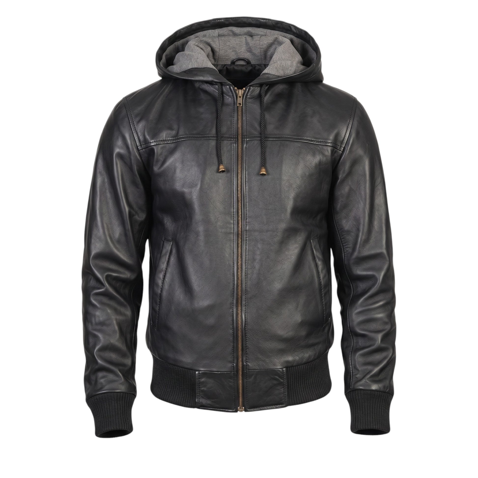 Black leather hoodie with a zipper on a white background