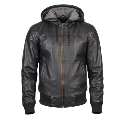 Black leather hoodie with a zipper on a white background