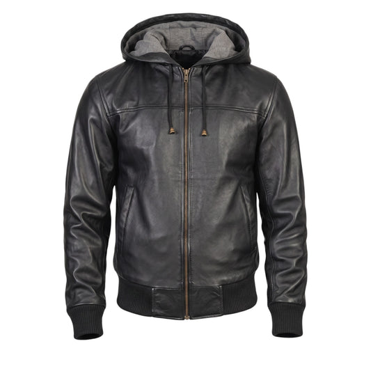 Black leather hoodie with a zipper on a white background