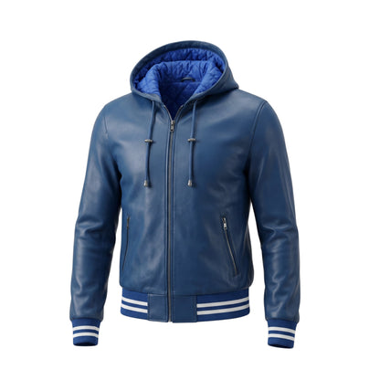 Blue leather jacket with a hood on a white background