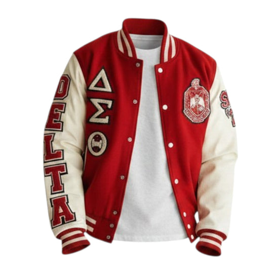 Red and white varsity jacket with lettering and logos on a white background