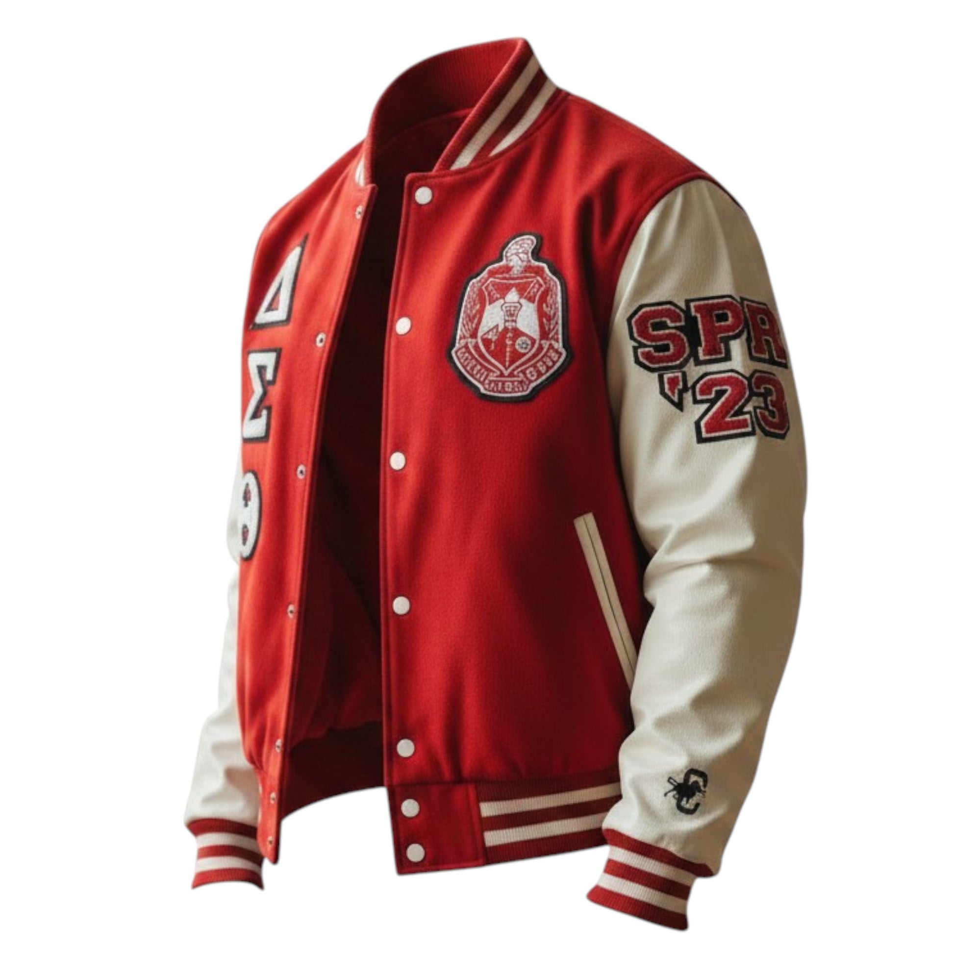 Red and white varsity jacket with a logo and text on a white background