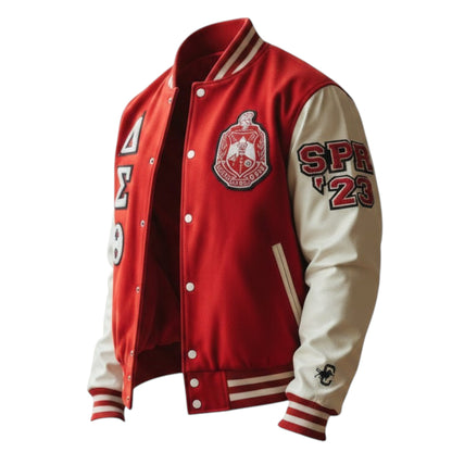 Red and white varsity jacket with a logo and text on a white background