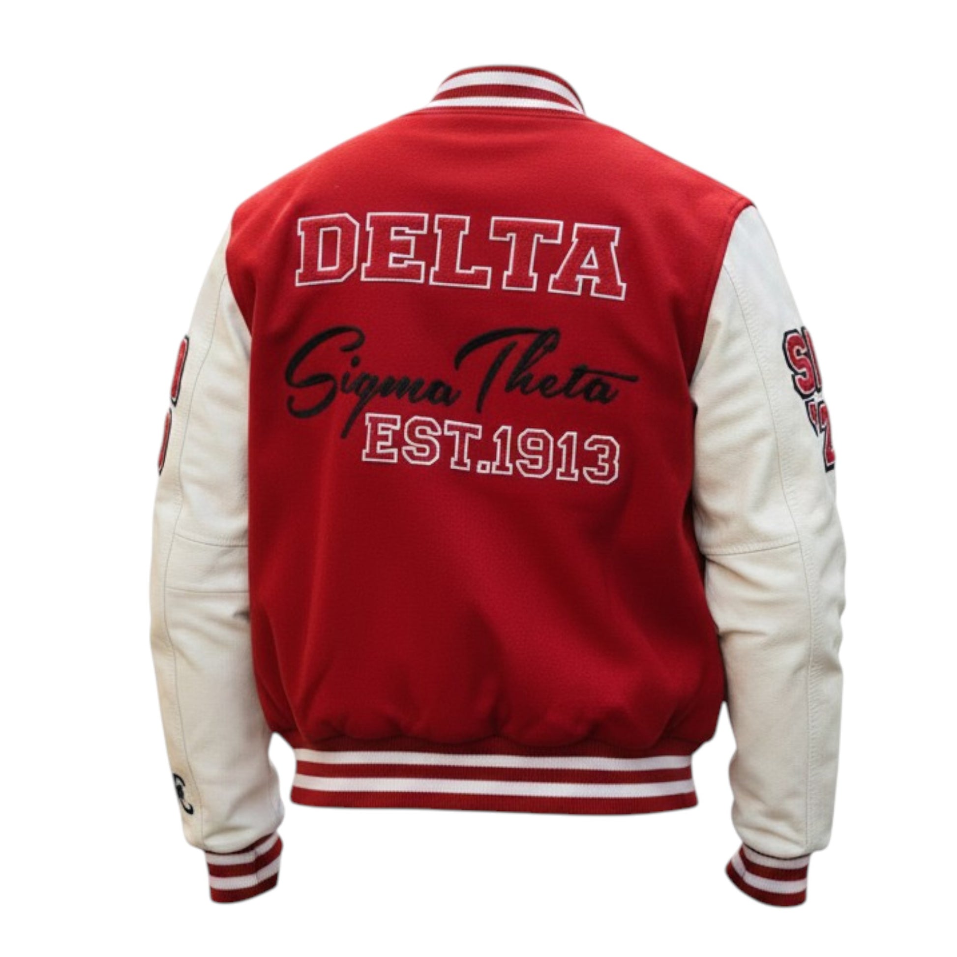 Red and white letterman jacket with 'Delta Sigma Theta' text on a white background