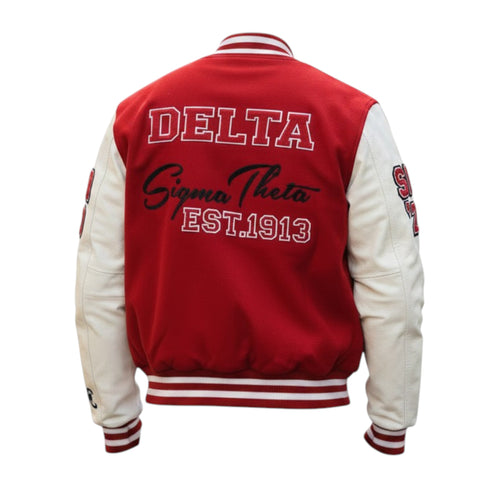Red and white letterman jacket with 'Delta Sigma Theta' text on a white background