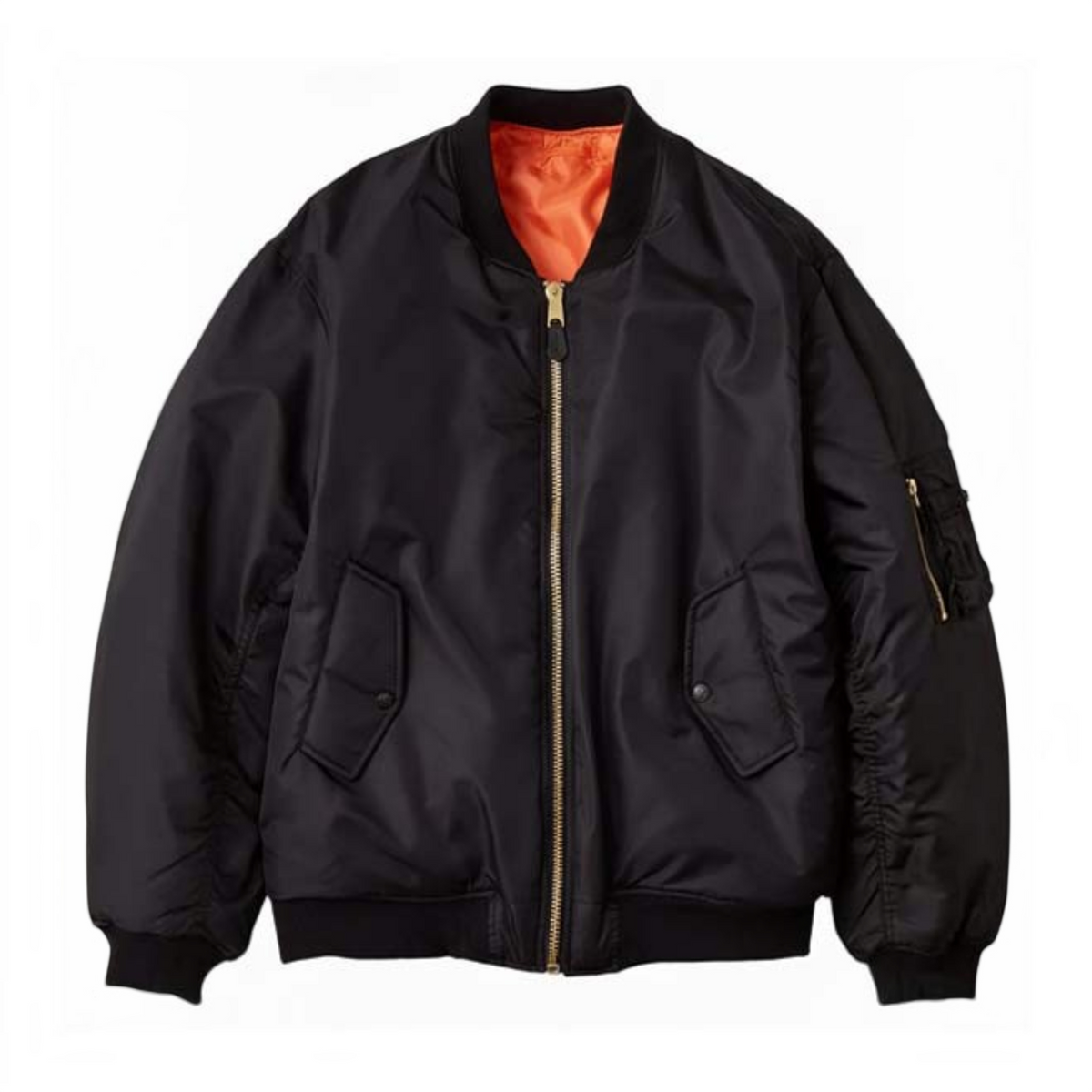 A black nylon bomber jacket with a gold-tone zipper, ribbed collar, cuffs, and hem, featuring a bright orange lining visible inside the collar, displayed on a clean white background.