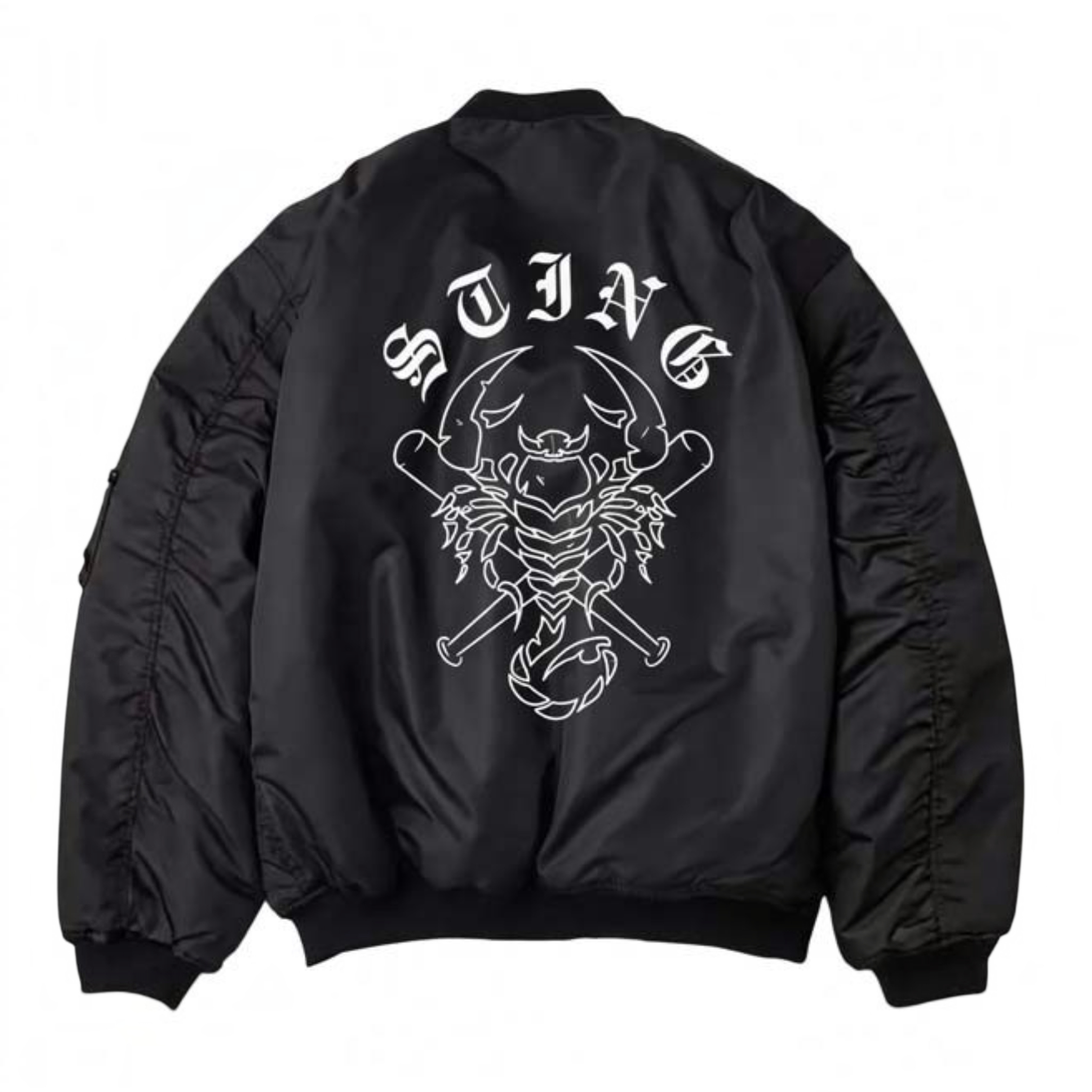 A black bomber jacket shown from the back, featuring a large white graphic print of a scorpion with crossed bones and the word 'STING' in a gothic font above it.